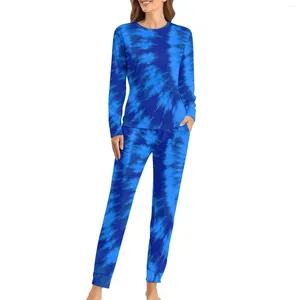 Women's Sleepwear Retro Tie Dye 60S Pajamas Spring Blue And Aqua Print Casual Oversize Nightwear Lady Long Sleeves Graphic Romantic Set