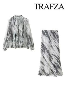 Vestidos de trabalho Trafza Autumn Fashion Fashion Tie Tye listrado Manga longa Camisa plissada Terno Retro Canda alta Salia de sereia Fit Slim