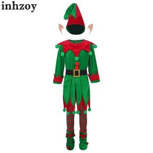 Cosplay Kids Elf Christmas Costume Halloween Cosplay Xmas Carnival Party Performance Pompoms Dress With Ears Hat Belt randig strumpsl2405