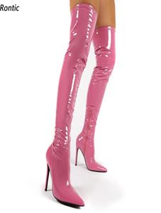 Rontik Yeni Moda Kadınlar Bahar Uyluk Botları Patent Yan Fermuar Stiletto Topuklu Ayak Ayak parmağı Pretty Pink Parti Ayakkabıları Boy Boyut 5154105339