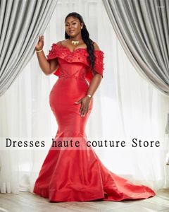 Party Dresses Aso Ebi Red Satin Beading Evening 2024 With Pearls Off The Shoulder Mermaid Prom Gowns Formal Dress Plus Size