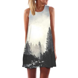 Lato New White Forest 3D Digital Difred Okrągła szyja z ramion średniej długości sukienki z czołgiem dla kobiet
