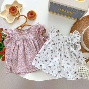 Girl Blue Summer 2024 Nya barns korta ärmstoppar för barn Söta blommor Småbarnskjortor Baby Outfits Clothes L2405