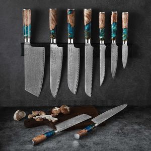 Conjunto de Damasco de 9 peças aço inoxidável cozinha afiada fatia japonesa cozinheira chef faca