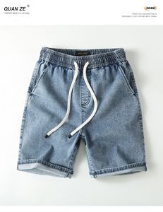 Raka ben jeans för mäns sommar smal klippt beskurna bomulls casual shorts med dragsko lösa elastiska shorts