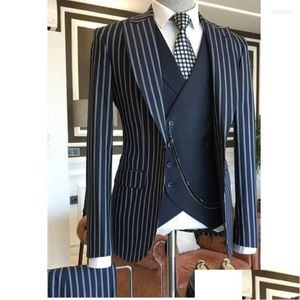 Mens Suits Blazers Navy Blue Pinstripe Men 3 Pieces Business Custom Made Groom Tuxedos Slim Fit Prom Blazer Outfits Jacket Pants Vest Othgc