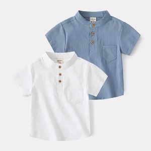 Kids Shirts 2017 Summer Boys Short sleeved Shirt 2-7 Year Korean Childrens V-neck White Aqua Blue Baby Solid Casual TopL2405