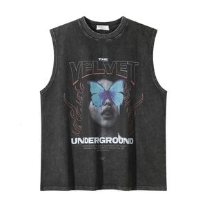 American Hip-Hop Character Print Bottom Vest for Men's Summer Washed and Distressed Camisole Casual Round Neck Sleeveless T-shirt M516 60