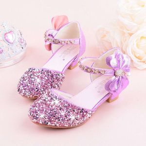 2019 Girls Bow-knot Princess Shoes With High-heeled, Kids Glitter Dance Performance Summer Shoes, Purple , Pink & Sier 26-38 L2405 L2405
