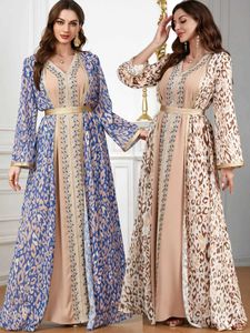 Etniska kläder Eid Marocko Muslim Party Dress for Women Abaya 2 Piece Set Islamic Dresses Belt Brodery Kaftan Vestidos Maxi Abayas Caftan T240515