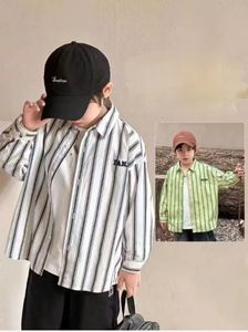 Boys' Spring Fashion Antique Brushed Stripe Shirt Spring and Autumn Children's Spring Thin Shirt Coat Middle School Students