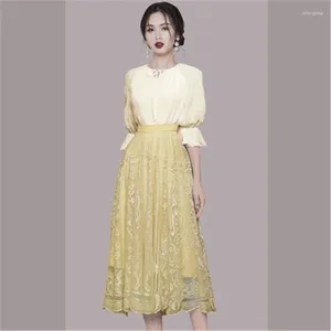 Work Dresses Summer 2 Pieces Set Women Lantern Sleeve O-Neck Blouses Shirts High Waist Slim Lace Embroidery Skirts Office Female Suit