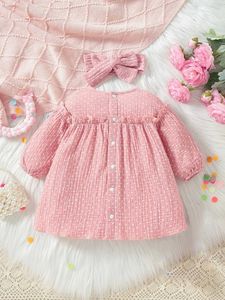 Girl's Dresses Spring And Autumn Girls Dresses with Bow Knot Round Neck Long Sleeve Pink Puff Skirt Fashionable And Cute Baby Infant Toddler