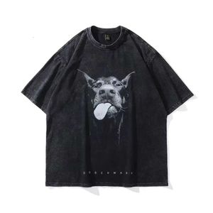 新しいダービンプリントウォッシュビンテージハイストリートトレンディブランドルーズラウンドネック首短袖Tシャツヒップホップの男性と女性のための新しい