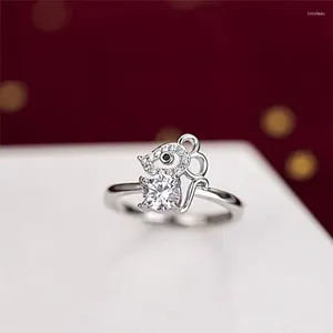 Cluster Rings Sole Memory 2024 Rat Year Zodiac Sign Mouse Crystal Zircon Silver Color Resizable Opening Ring For Women Luxury Jewelry SRI504