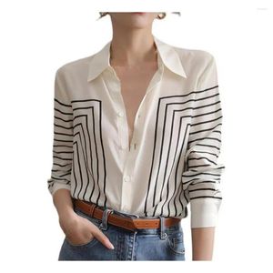 Women's Blouses Women Chiffon Shirt Lapel Long Sleeve Striped Print Tops Loose Single Breasted Black White Printing Blouse