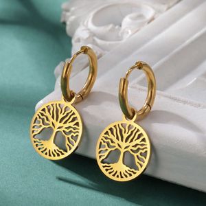 Vintage Tree Of Life Drop Hoop Stainless Steel Round Pendant Dangle Earrings Women Girls Elegant Jewelry Gifts