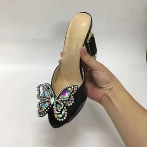 Ladies 2024 women patent real leather Rhinestone high heels sandals summer Flip-flops slipper slip-on wedding dress shoes diamond Ballots 3D bow tie black 2b8f