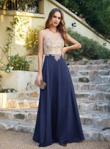 USA: s aktie Elegant brudtärklänning Illusion Sweetheart Gold Appqulies Backless Wedding Party Guest Gown en linjekjol Formell CPS620 0515