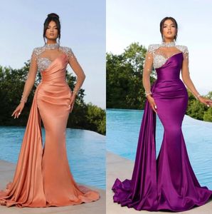 Elegant Coral Mermaid Evening Dresses Beaded High Collar Party Prom Dress Illusion Long Sleeves Pleats Long Dress for special occasion