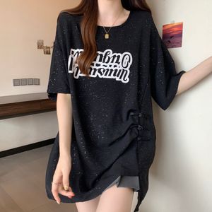 Real Women's Network Red Korean Version of The Letter Plate Buckle Chic T-shirt Fat Sister Meat in The Long Short-sleeved Top