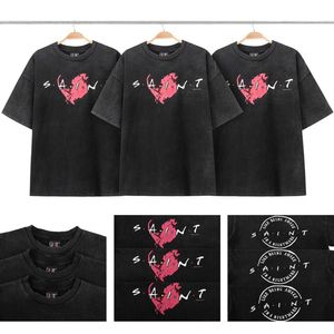 Retro Designer T -skjortor för män och kvinnor Saint Michael tvättade Old Love American Fashion Brand Par Loose Round Neck Short Sleeve