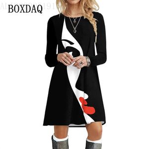 Basic Casual Kleider Malerei Face Damenkleid elegante Mode Stil Lose Kleid Herbst Winter Long Slve Casual Mini Kleid Frauen übergroße Y240515