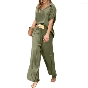 Women's Two Piece Pants Elegant Suits Women Pieces Spring V Neck Short Sleeve Pullover Straight Matching Sets Casual Solid Color