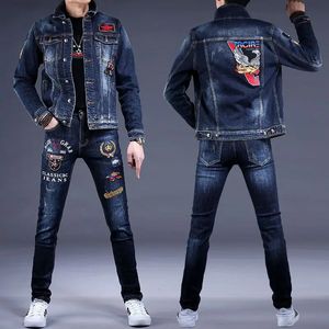 Premium Autumn and Winter Embroidery Denim Jacket Set Mens Korean Fashion Casual Pants Slim Coat Top 240428