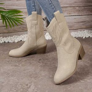 Boots 2024 Winter New Fashion Round Head Solid Color Frosted Leather High Heels Womens Outwear Large Mid Sleeve Women H240516