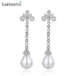 Luoteemi Elegant Flower Cubic Zirconia Tassel Drop Earrings For Women White Imitation Pearl Dangle Wedding Bridal Accessories 240516