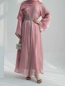 Ethnic Clothing Muslim Abaya for Women Eid Dress 2 Piece Set Diamond Morocco Ramadan Lace-up Abayas Kaftan Islam Cardigan Dubai Arab Long Robe T240515