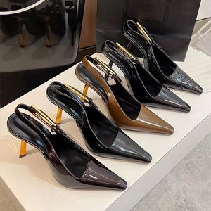 Luxury Sandals Designer Heels Patent Leather Pointed Toe Slingback Dress Shoes Lady Party Wedding Designer Shoes Leather Outsole 10cm Stiletto Heels Size 35-40