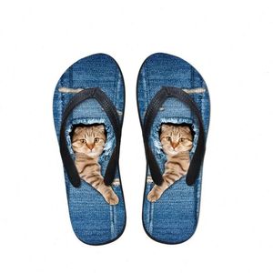 Niedliche Haustier Customized Denim Cat Printed Women Pantoffel Summer Beach Gummi Flip Flops Mode Girls Cowboy Blue Sandals Schuhe 43SI# B08A