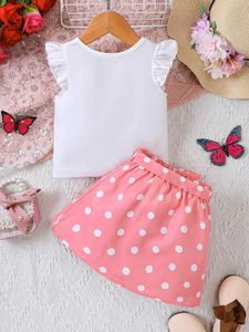 Kız Elbiseleri Kızlar Yaz Sevgililer Günü Küçük Sinek Kollu Aşk T-Shirt Polka Dot Etek İki Parçalı Set