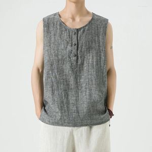 Herren-Tanktops Männer Leinen Sommer Vintage Lose lässige ultradünne leichte Tees-Hemden Mann Chinesische Stil ärmellose T-Shirt