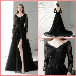 Party Dresses Black Tulle V Neck A Line Prom Long Sleeve Beaded Lace Appliques Elegant Gowns Formal Backless Sexy Red Carpet