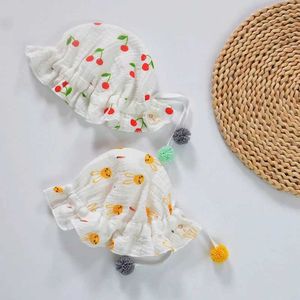 CAPS HATS CARTHEREWHER CHERRY DOT Baby Bucket Hat Summer Thin Cotton Gaze Baby Girl Fisherman Hat Korean Childrens Outdoor Bonsai Hat Wx