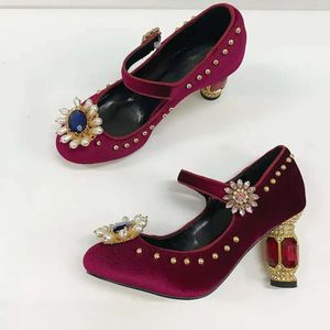 Ladies 2024 women Genuine real leather dress shoes Rhinestone chuckly high heels sandals summer Round toe wedding party sexy buckle Strap bead Mary Jane size a410