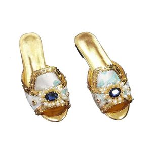 Bayanlar 2022 Kadın Orijinal Deri Düz Sandalet Ayakkabı Ayakkabı Pompalar Yazma Yaz Günlük Peep-Toes Parti Düğün Dimond Çiçek Taşları İnci Slip-On Ayakkabılar Boyut 35-43 0A22