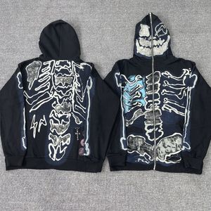 Tasarımcı Erkek Hoodies İskelet Hip Hop Vintage Gotik Hoodie Sonbahar Kış Kış Yüksek Kaliteli Gevşek Pamuk Zip Haltan Sweatshirt Street Giyim