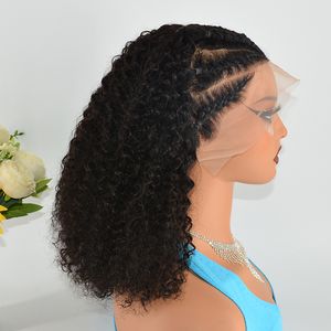 Intrecciato jerry curly 13x4 pizzo frontale parrucche per capelli corti in stile bob capelli indiani grezzi capelli pre-picchiati al 200% densità naturale colore naturale 14 pollici parrucca in pizzo HD per donne