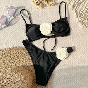 Womens Swimwear Sexy Flower Bandeau Thong Bikini 2024 Women Lace-up Swimsuits Swimming Bathing Suit Brazilian Bikinis Set Mujer Biquini ggitys WXF7