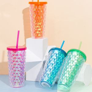 Copas de plástico criativas dupla camada para mulheres diamantes de 20 onças com tampa de palha colorida portátil summer tumbler high Aparência moda 8 82hy