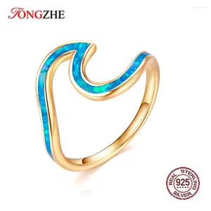Anelli a grappolo Tongzhe Blue Opal 925 Sterling Silver Classic Wave for Women Engagement Finger Ring Female Vintage Wedding