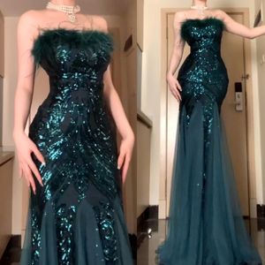 Feather Green Mermaid The Bride Dresses Sequined Tulle Evening Prom Formal Party Birthday Celebrity Mother of Groom Gowns Bling Lace Sequined Formal Mothers Wear