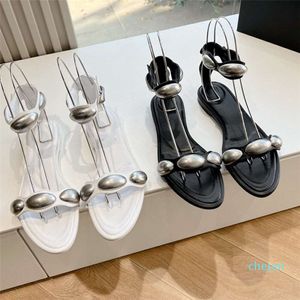 15A 2024 Spring/Summer Genuine Leather Metal Flat Bottom Women's Sandals with One Line Buckle Strap Open Toe Sexy Fashion Side Hollow Roman Shoes