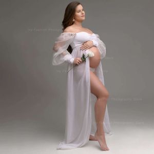 Maternity Photography Props Sexy Transparent White ChiffonTulle Off Shoulder Dress For Photo Shoot Pregnant Women