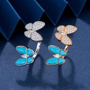 Vaned Ring Fingertip Butterfly Design Gold New Turquoise Blue Double Series Full Diamond Luxury Grade Female With Original Logo Box