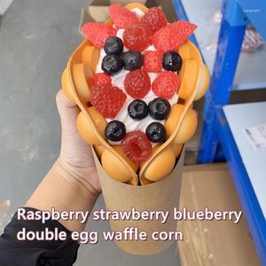 Decorative Flowers Waffle Double Egg Cone Ice Cream Dessert Fake Cake Food Display Model Sample Window Raspberry Cranberry Blueberry